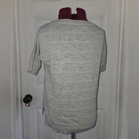 Banana Republic Gray Knit Short Sleeve Tinsel Striped Cotton Blend Sweater XS - Picture 2 of 7